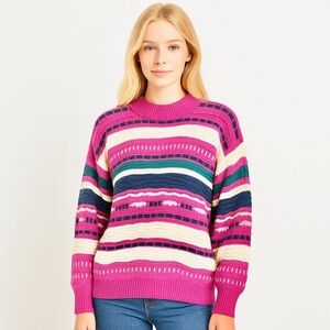 🏔️ Vintage Descente Chunky Knit Ski Sweater- Sz 8- Magenta,Cream,Navy
